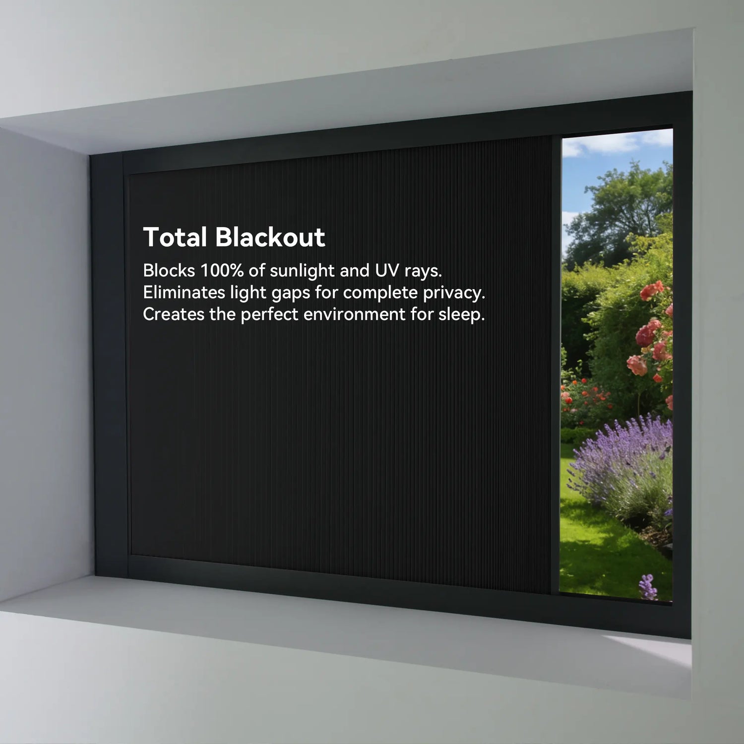 Total blackout motorized cellular blinds blocking 100% of sunlight and UV rays.