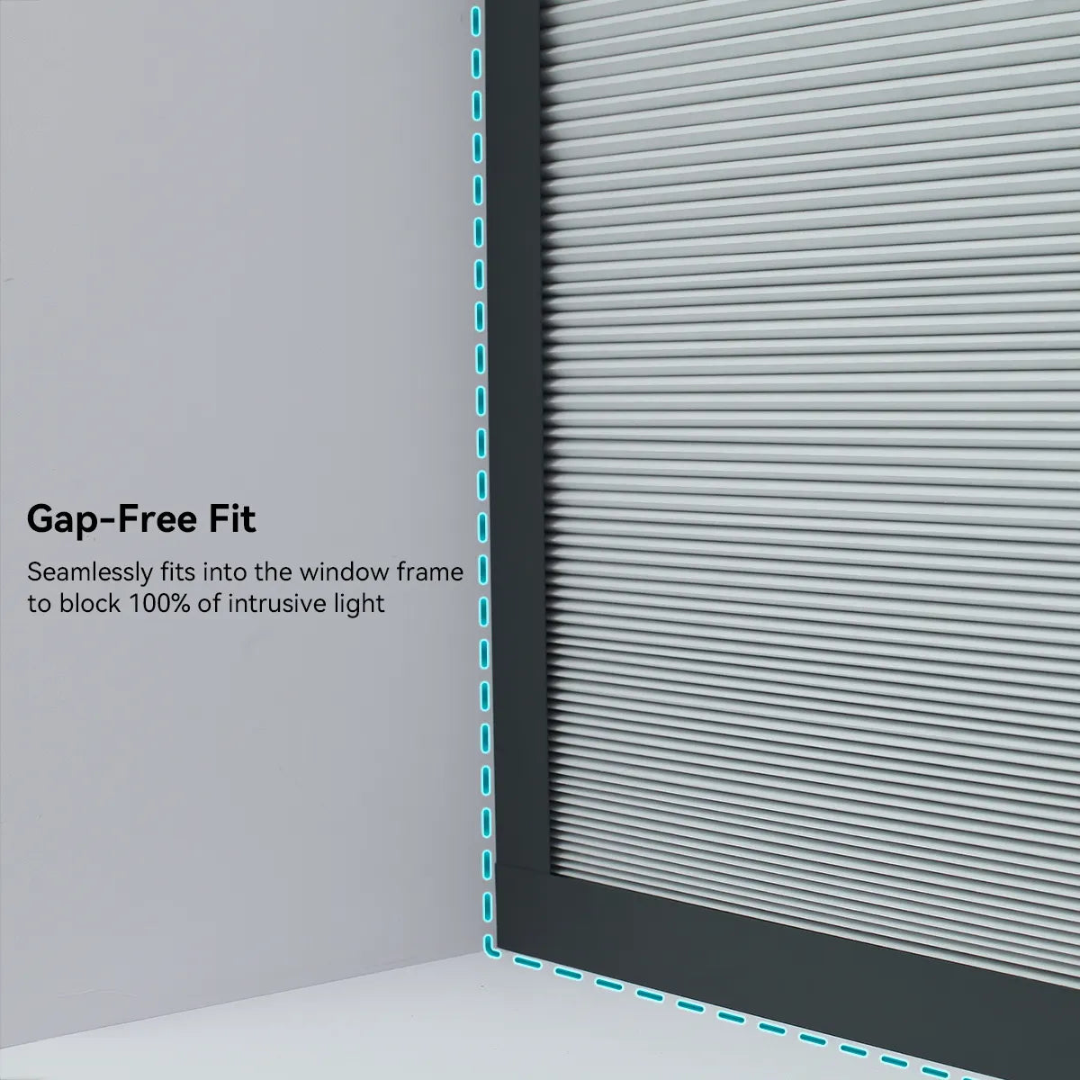 Close-up of motorized Kurlax blinds showing no light gaps at the window edges.
