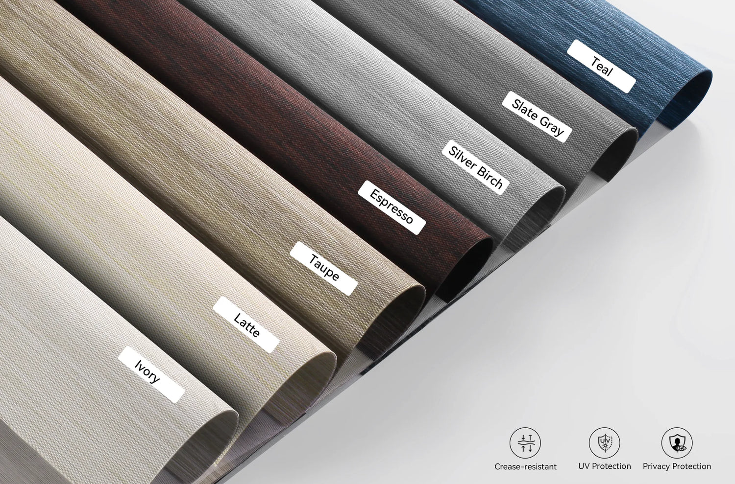 A gallery showing Kurlax motorized shades in Ivory, Latte, Taupe, Espresso, Silver Birch, Slate Gray, 
and Teal available colors.