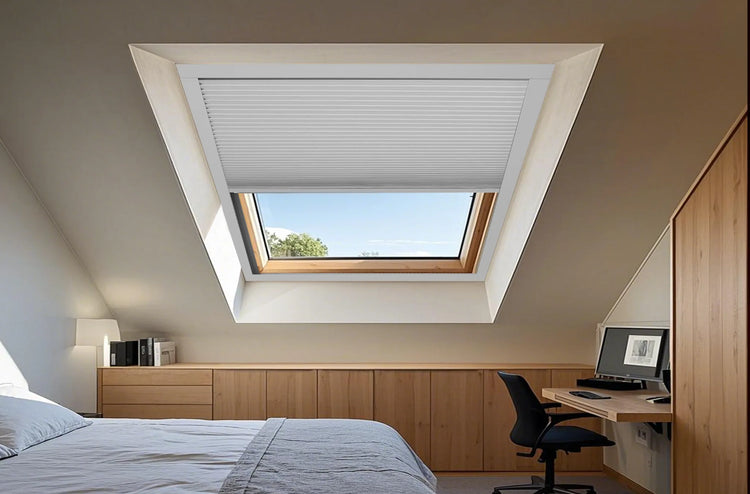 Bedroom with unshaded skylight during noon, showing intense solar glare and heat accumulation.