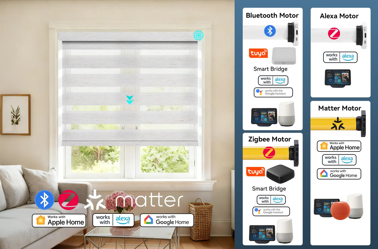 Kurlax smart motor options including Bluetooth, Zigbee, Alexa, and Matter compatible motors.