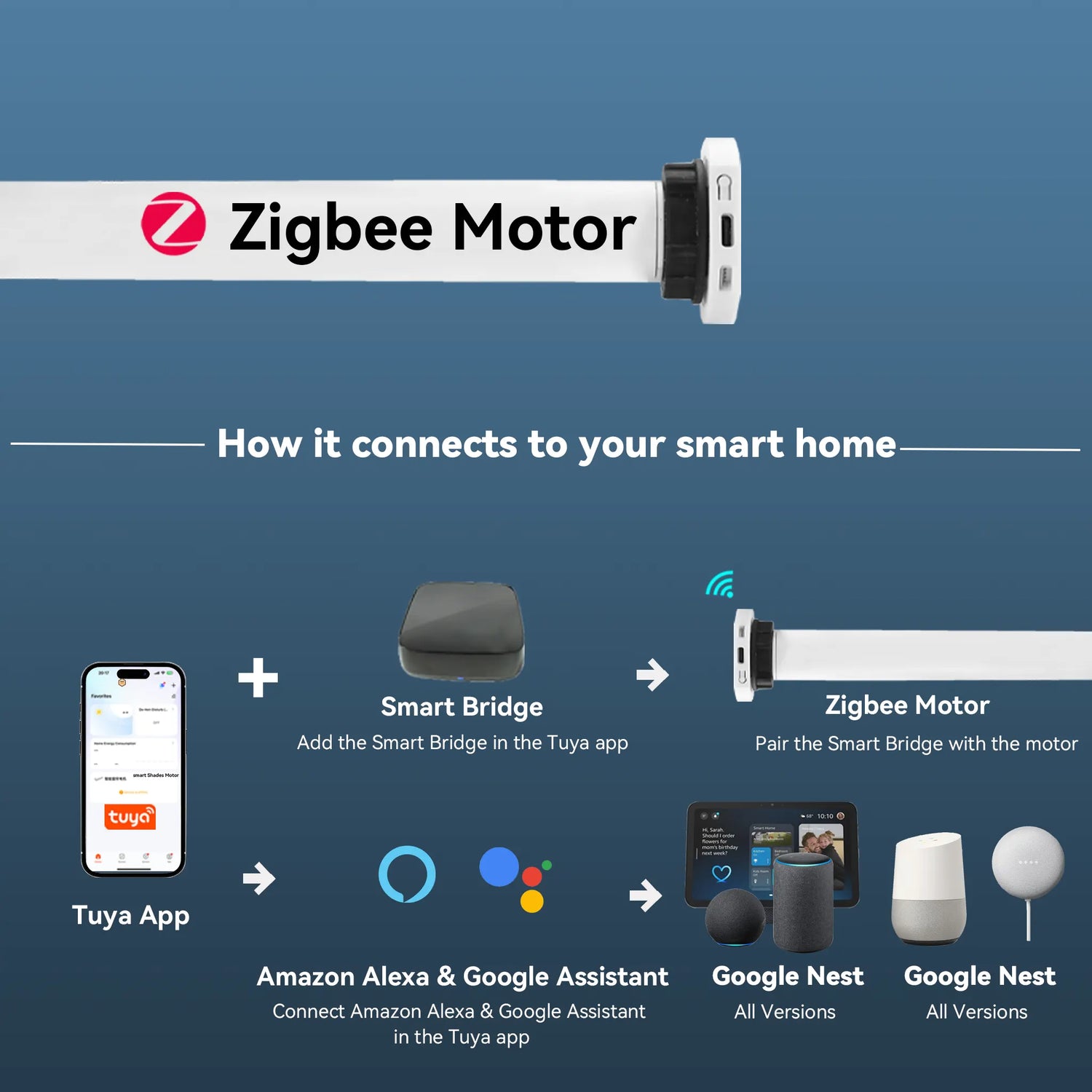 Tuya-based smart bridge connecting multiple motorized shades to Alexa and Google Home