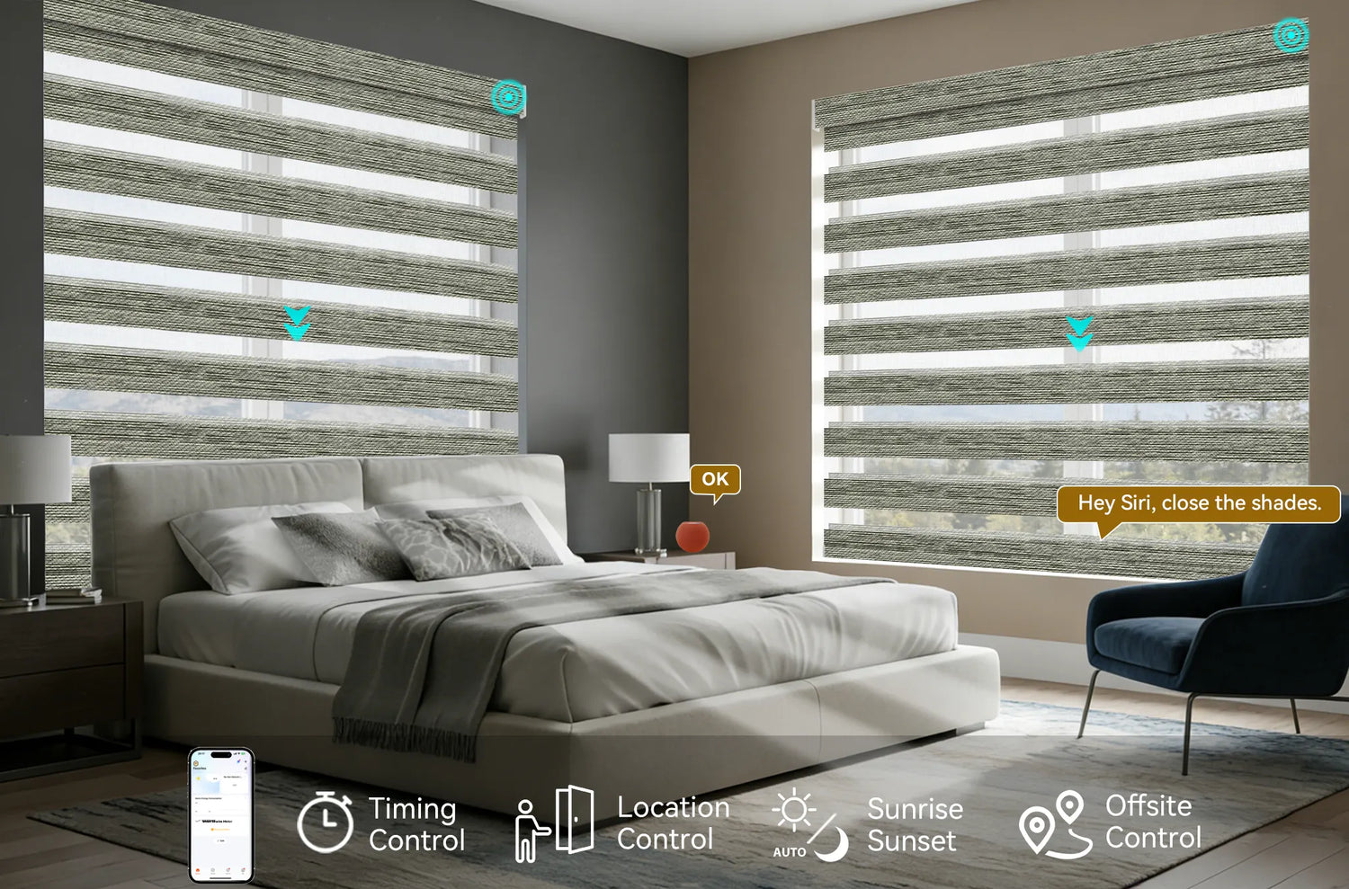 Homeowner using phone/HomePod to control blackout zebra shades in bedroom