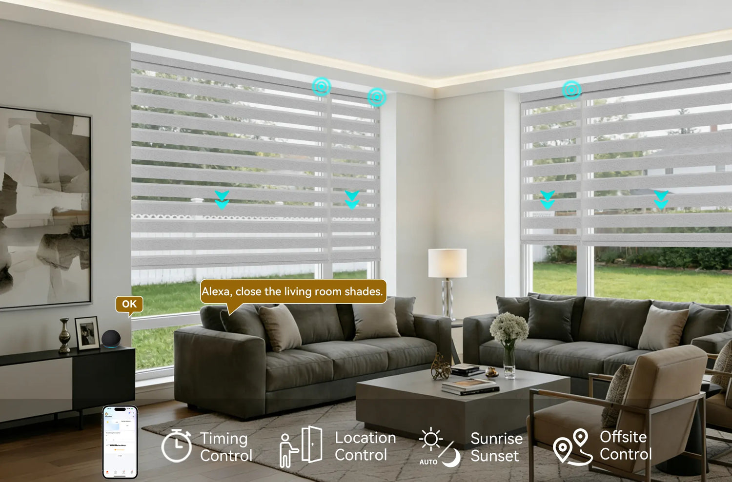 Homeowner using Amazon Alexa or phone to operate motorized zebra shade