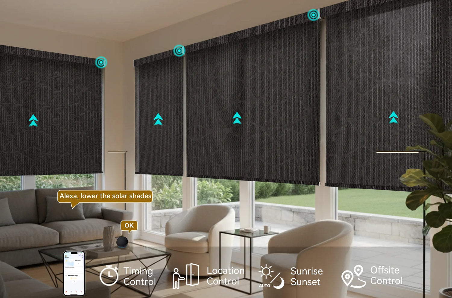 Using a phone or an Alexa speaker to control motorized solar roller shades