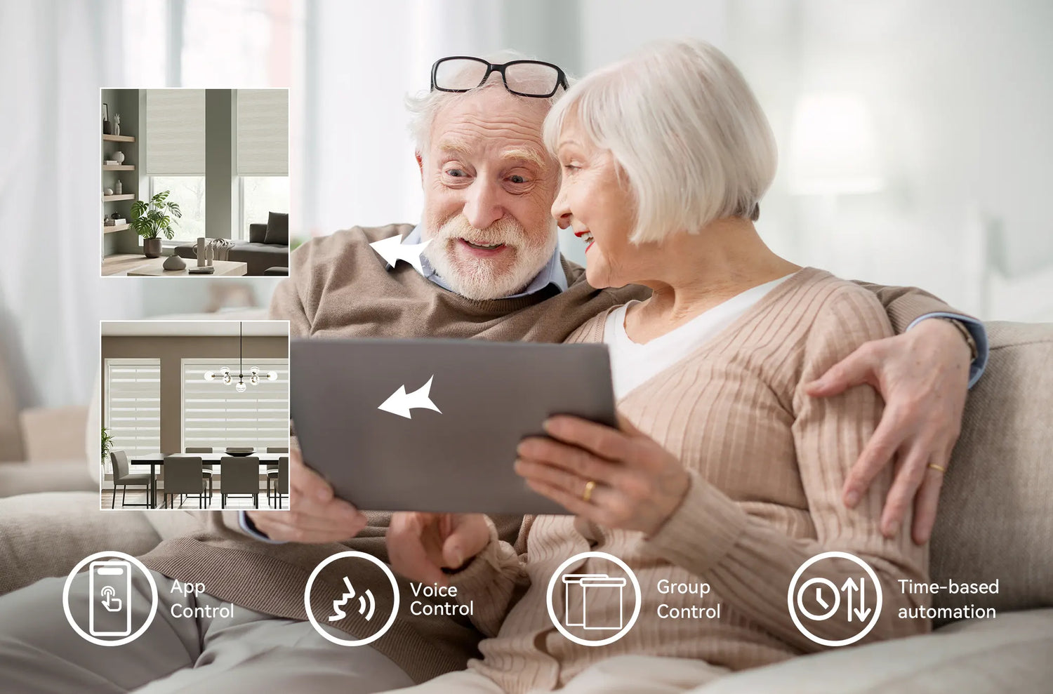 Smartphone screen showing the Tuya App interface used to schedule Kurlax shades for sunrise and sunset.