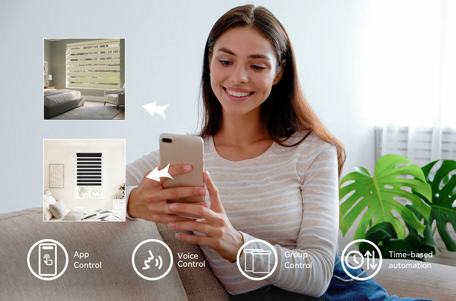 Smartphone app interface showing sunrise scheduling and group control for smart window shades.