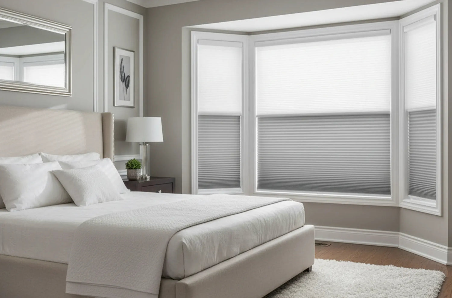 Energy-efficient motorized cellular shades installed in a bedroom