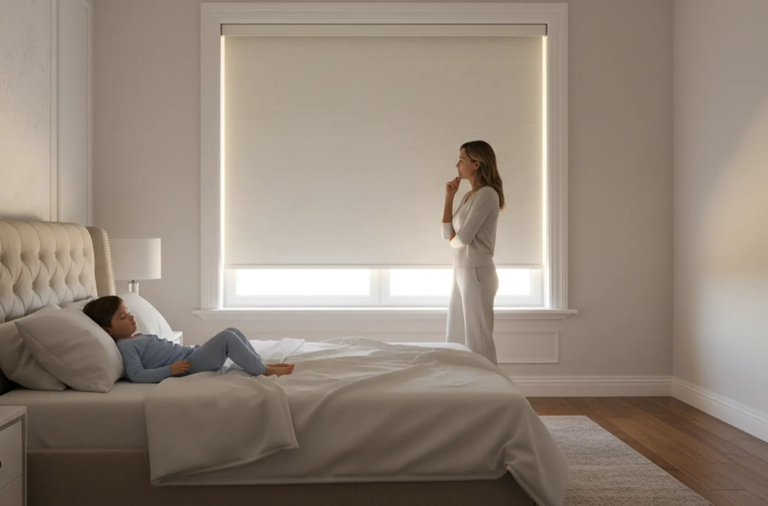 Motorized roller shades in a modern bedroom