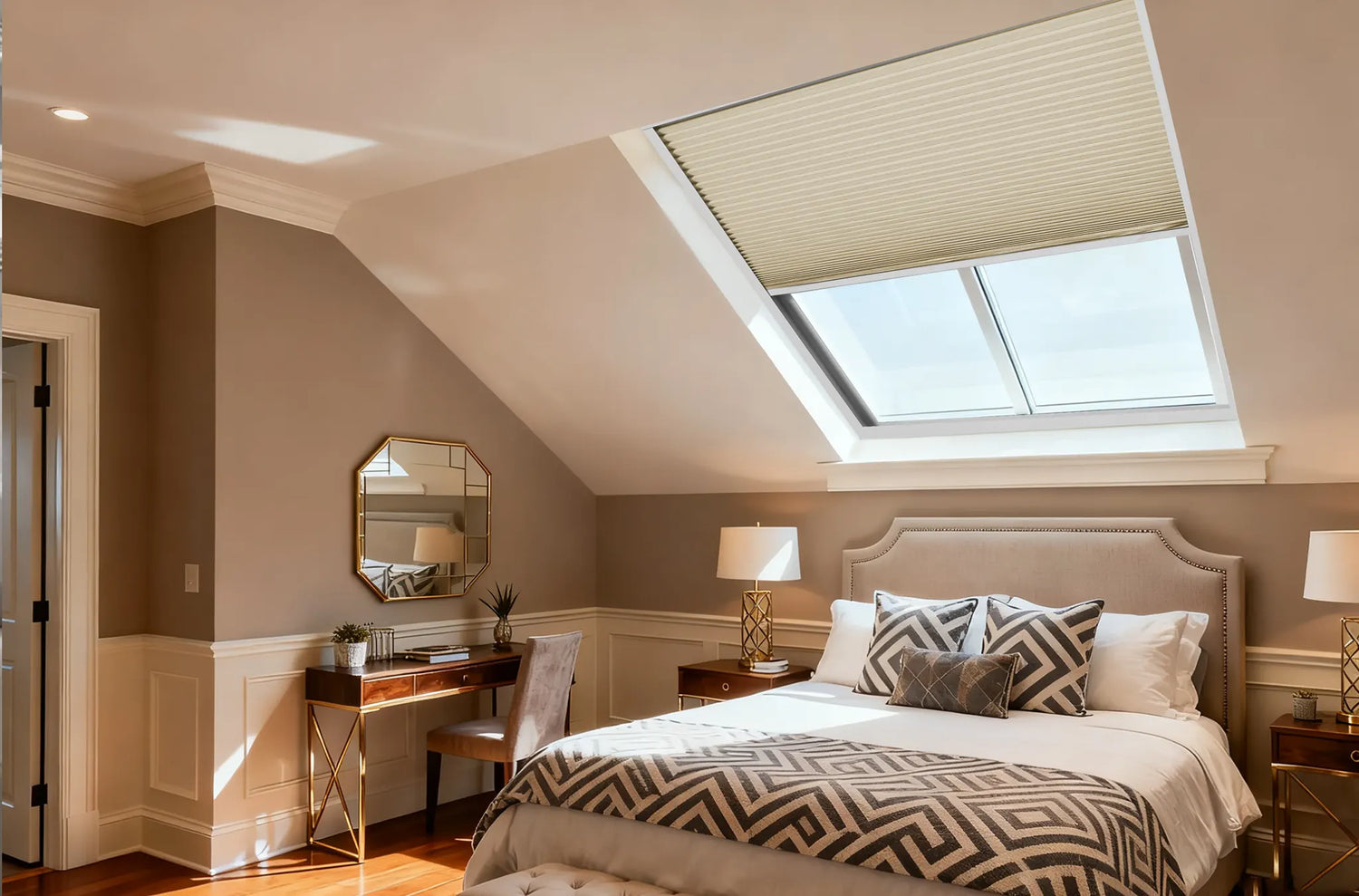 Motorized skylight shades controlling overhead sunlight in a bright room