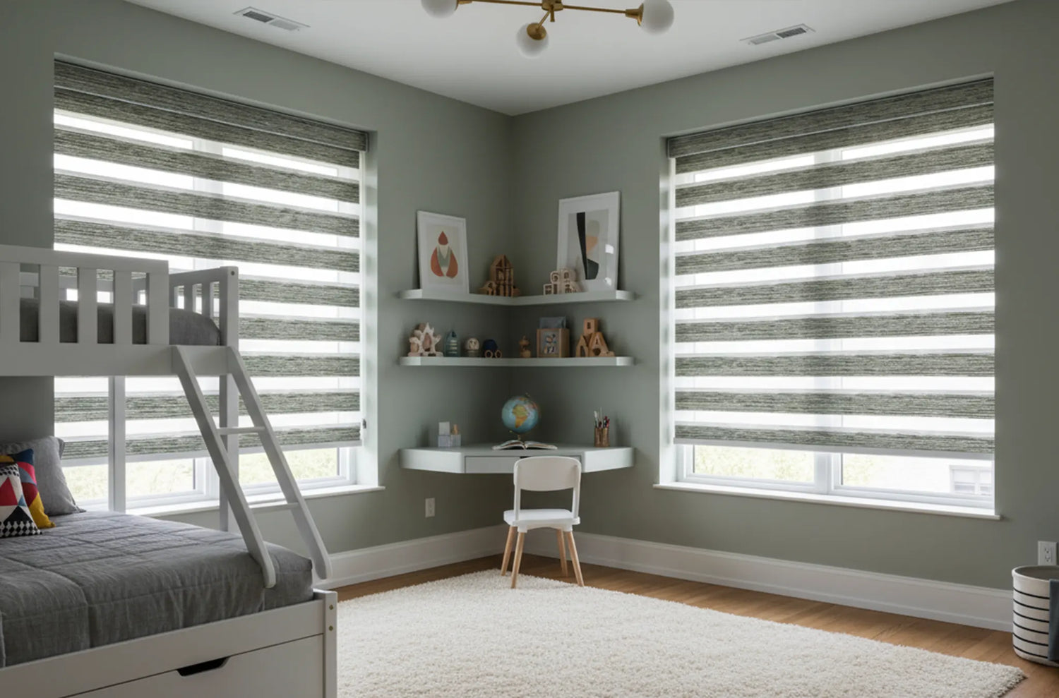 Motorized zebra shades with dual-layer fabric for light and privacy control