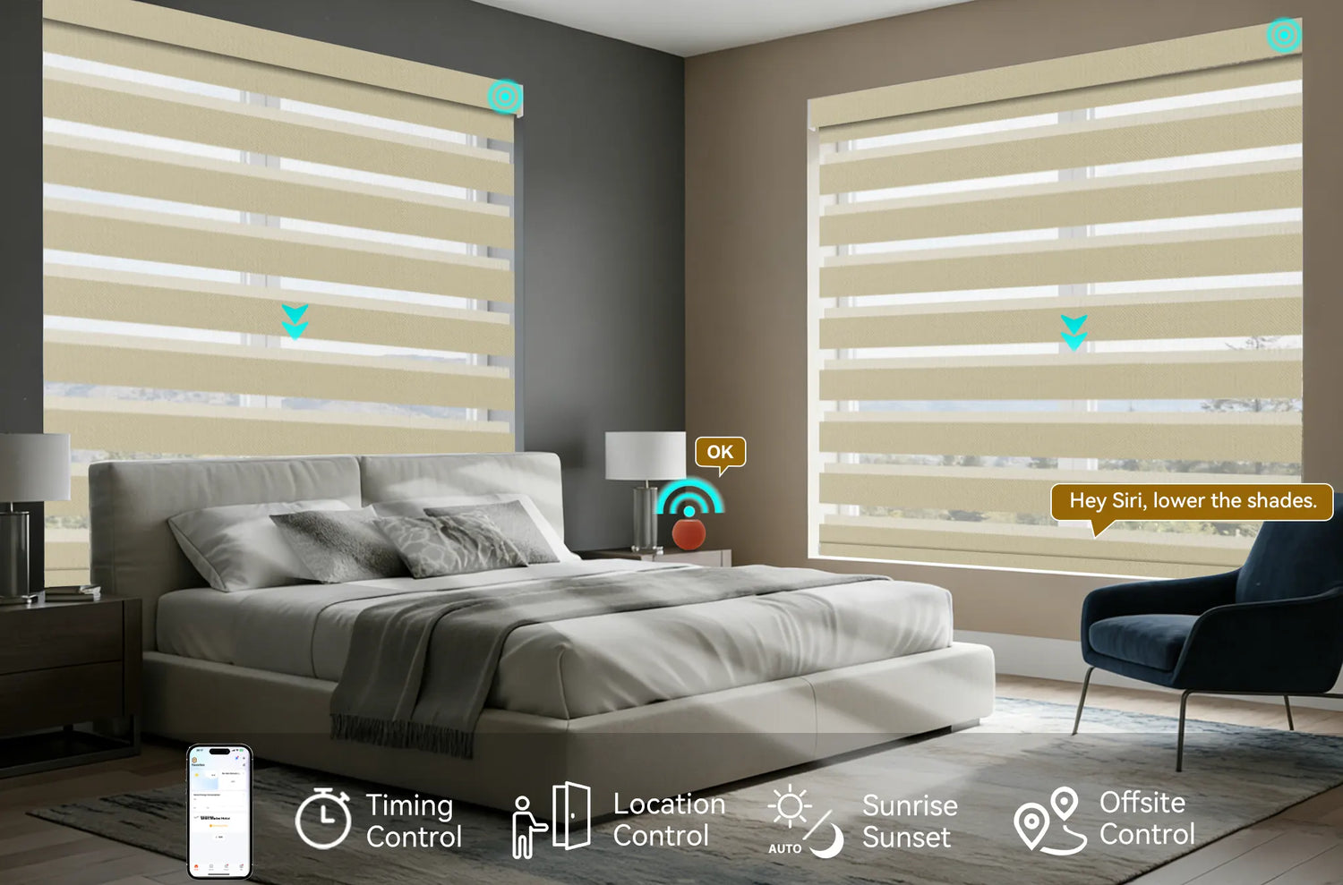 Person controlling motorized blackout zebra shades in bedroom using smartphone or Apple HomePod with automation icons shown.
