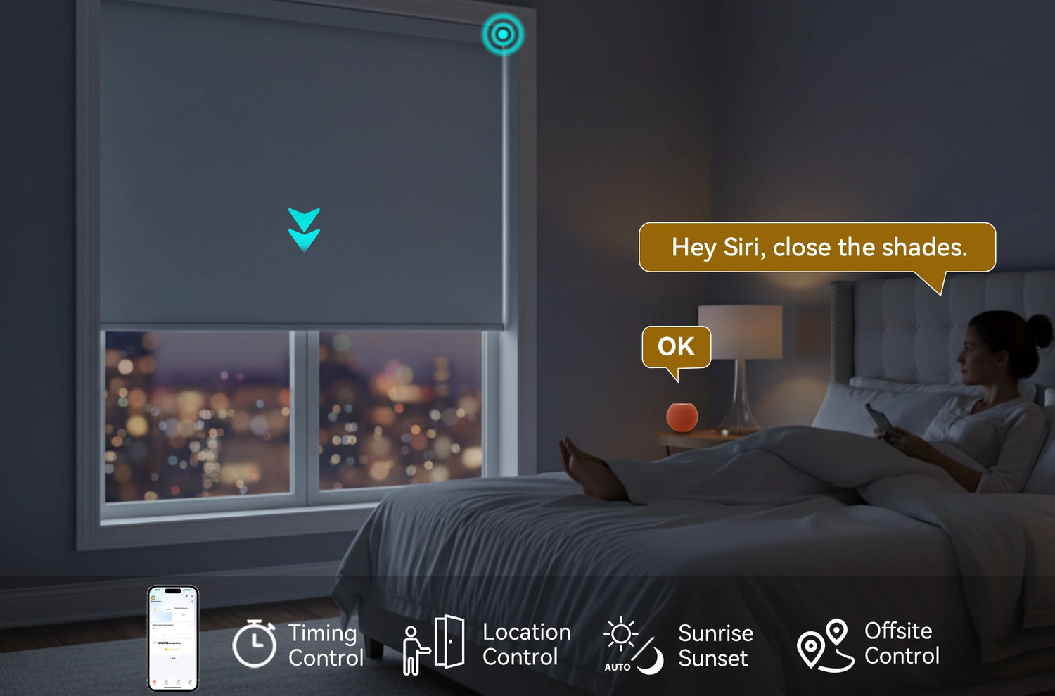 Person using Apple HomePod to voice control motorized blackout roller shades in bedroom