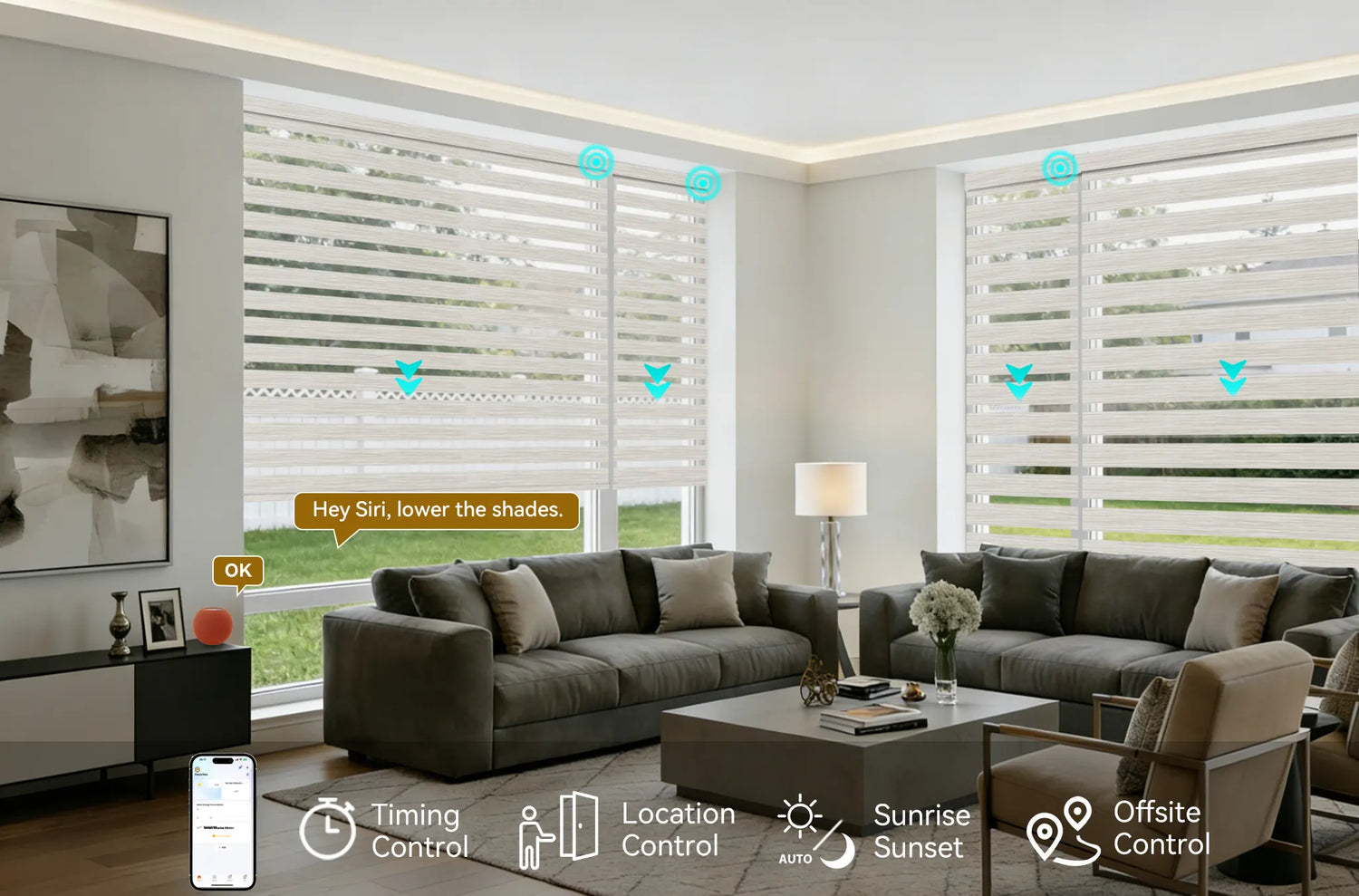 Person controlling motorized zebra shades in living room using smart home voice assistant.