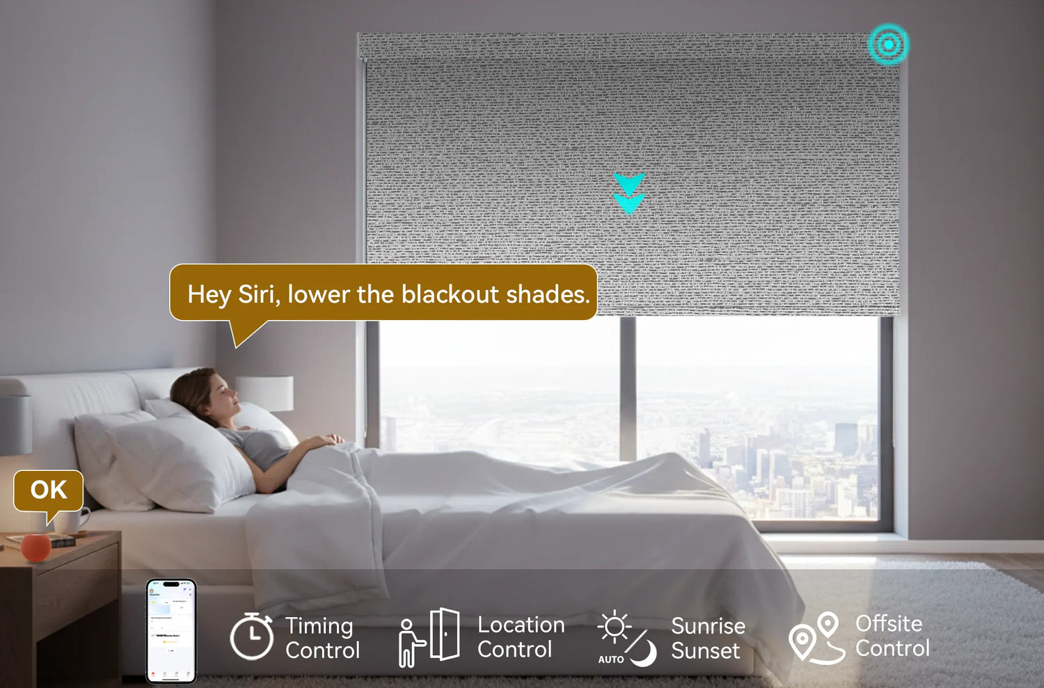 Person controlling blackout roller shades using Apple HomePod voice command in bedroom