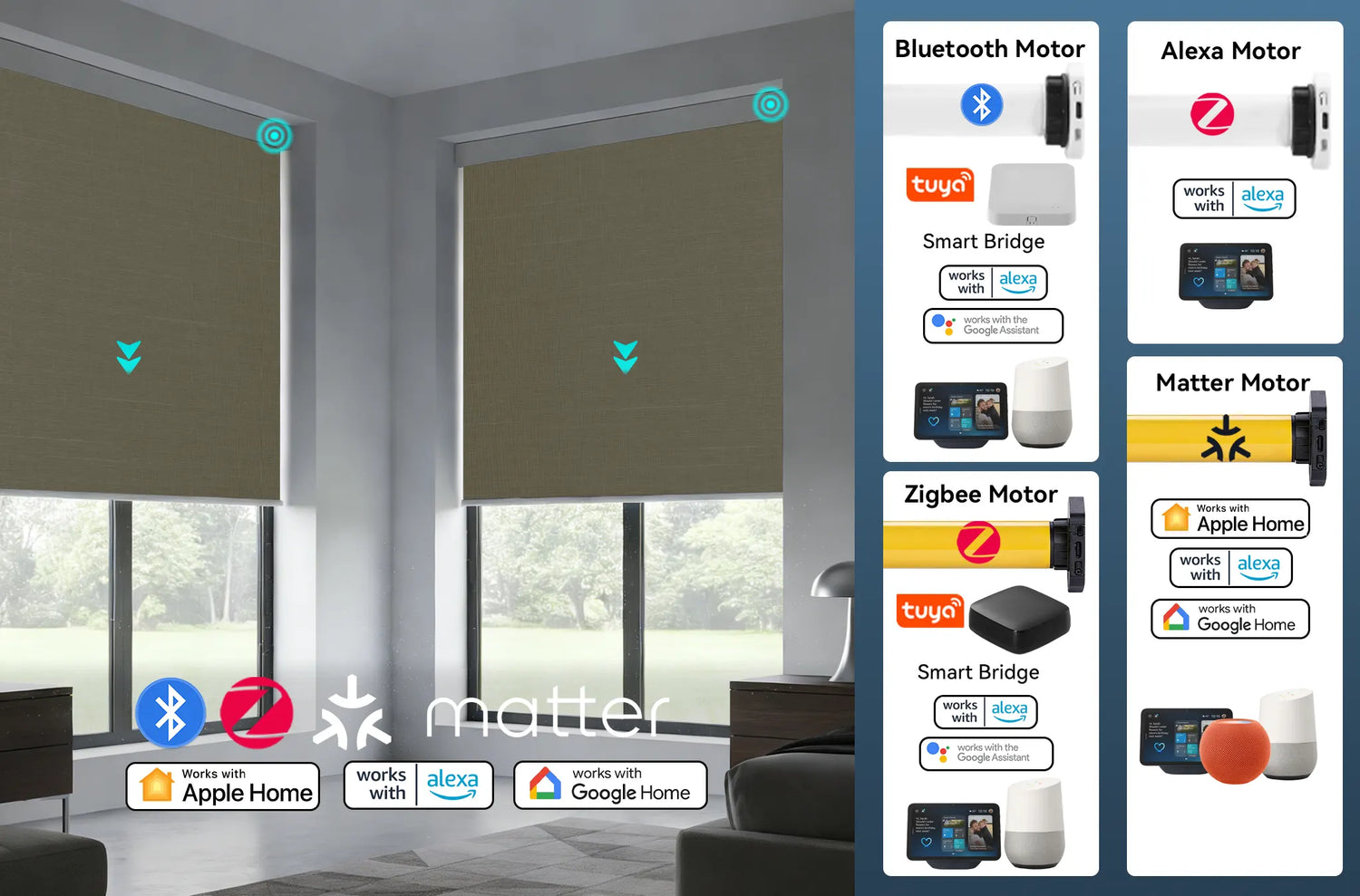 Comparison of smart motors for motorized window shades including Matter and Zigbee options.