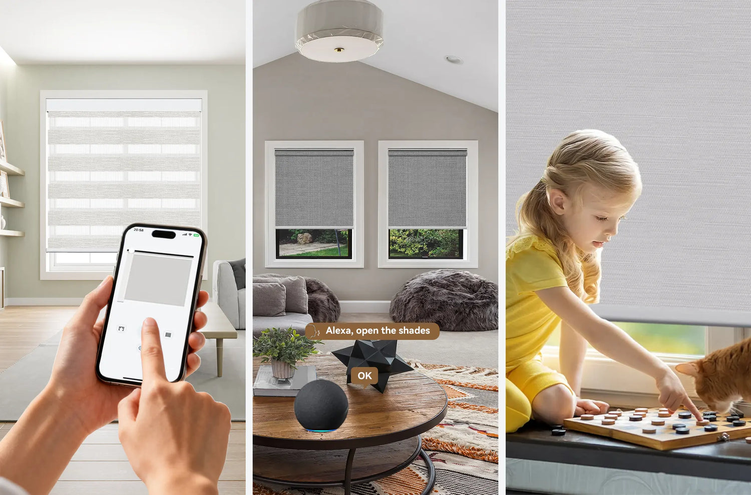 Modern living room with Kurlax motorized shades creating a cozy, comfortable atmosphere.