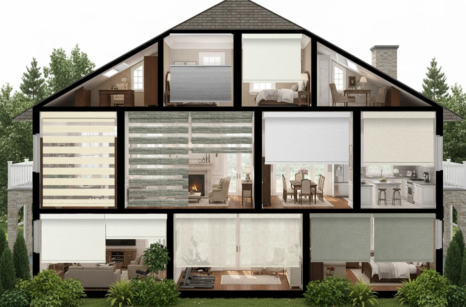 Cutaway view of a multi-level home showing different Kurlax motorized shades installed in bedrooms, living room, kitchen, and gym, illustrating room-by-room shade solutions