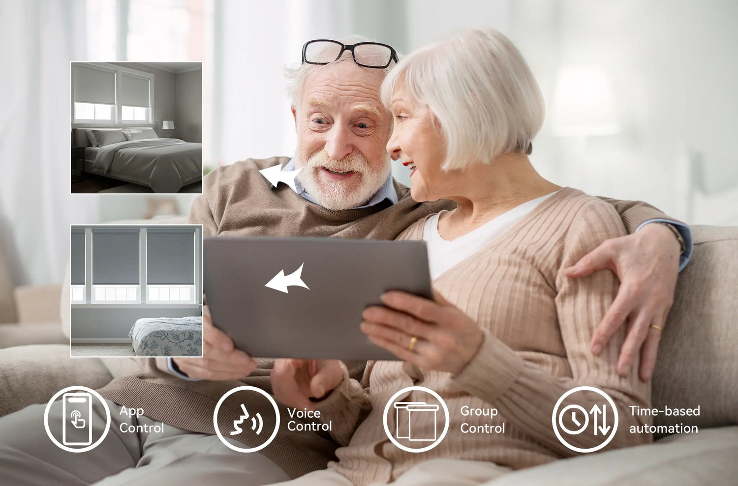 Smartphone interface showing sunrise scheduling and group control for motorized blackout shades.
