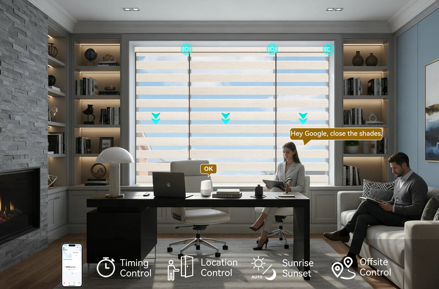 Home office scene using Google Nest voice to control motorized zebra shades