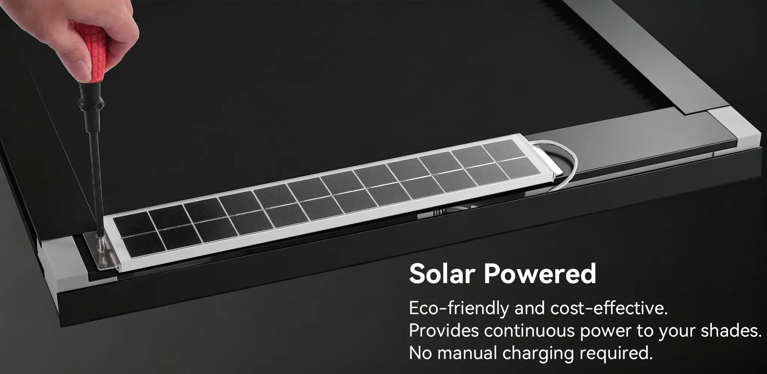 Solar panel providing continuous, eco-friendly power to motorized shades, eliminating manual charging.