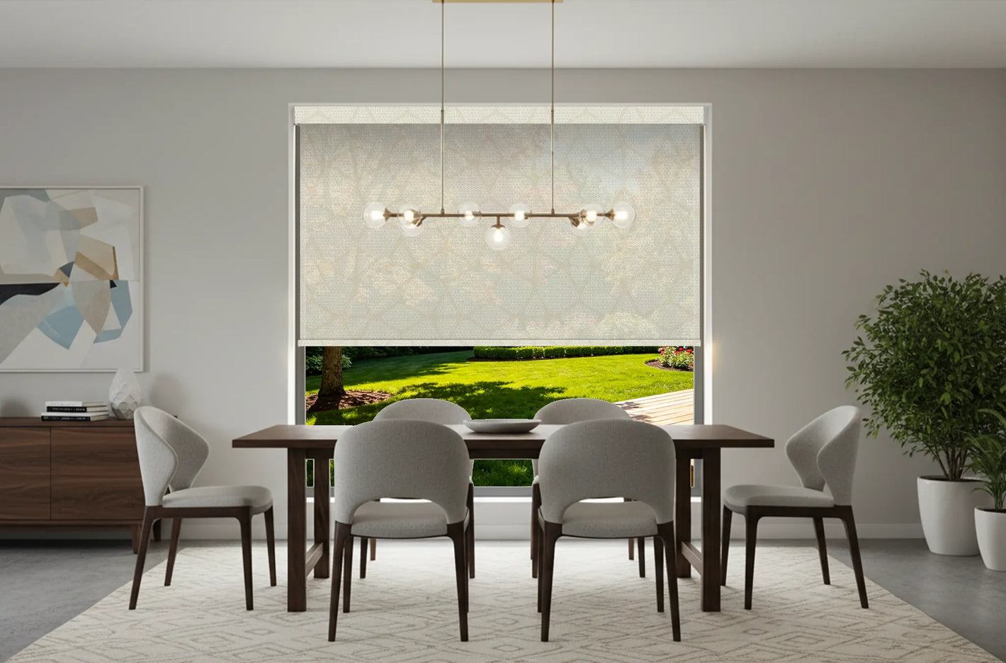 Dining room window fitted with solar roller shades