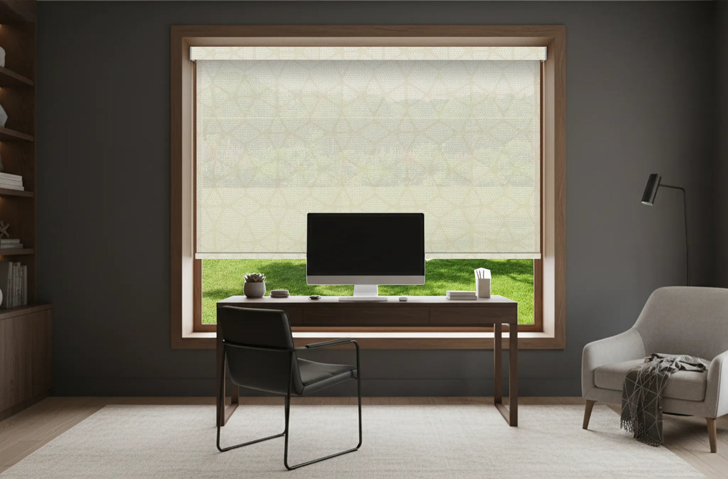 Home office workspace with glare-control solar shades