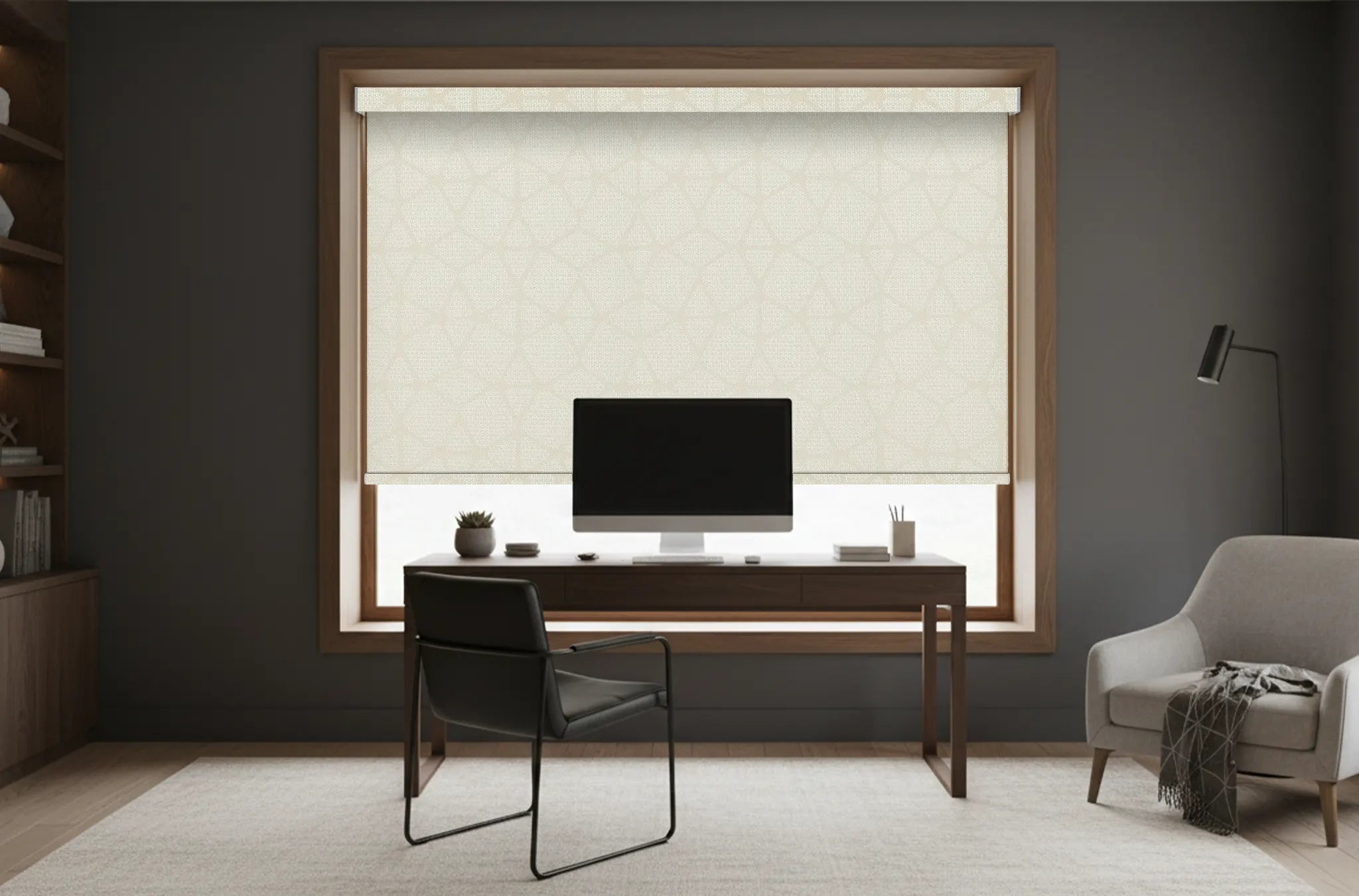 Home office workspace with glare-control solar shades