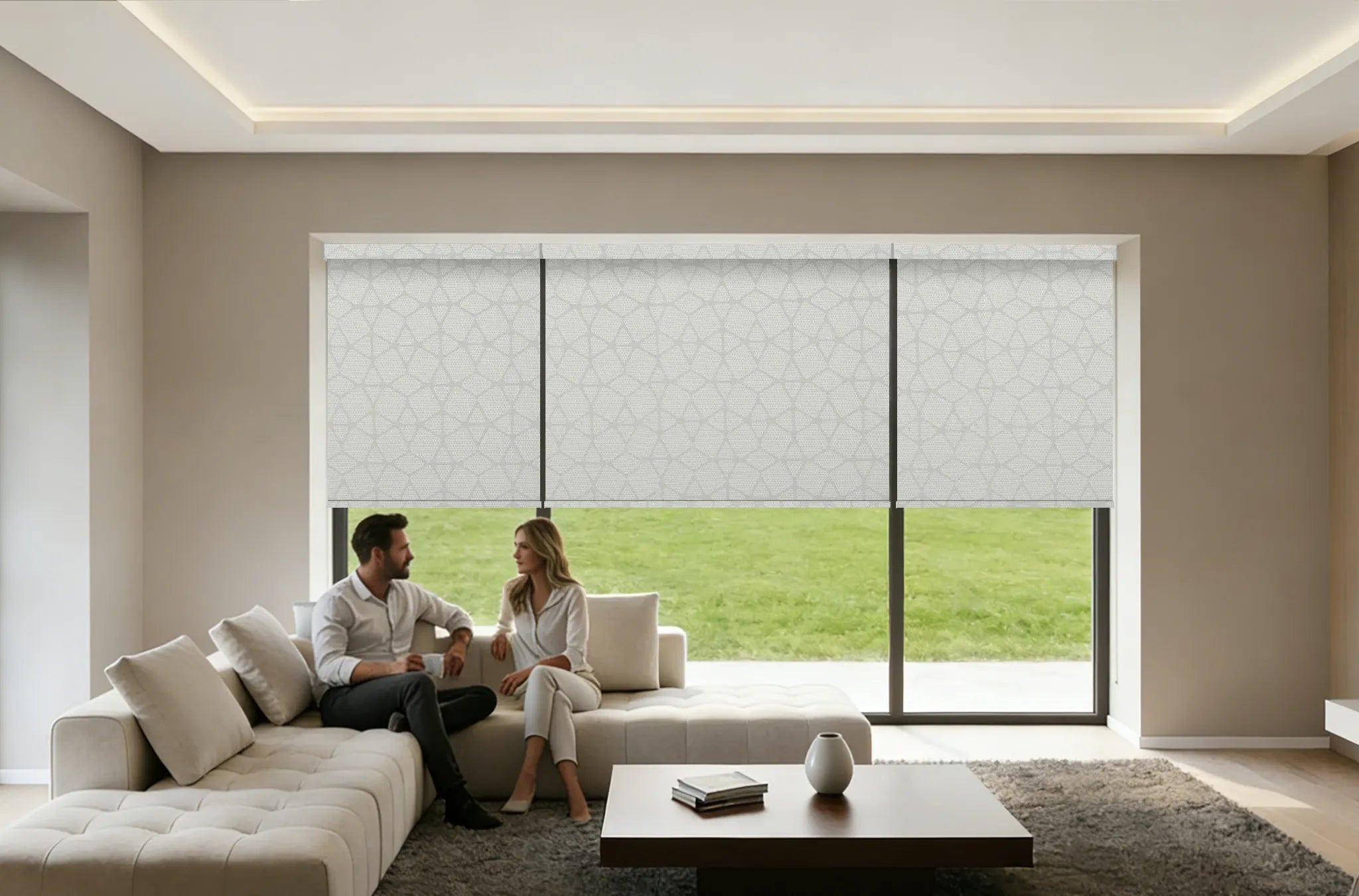 Modern living room with 3% openness solar shades installed