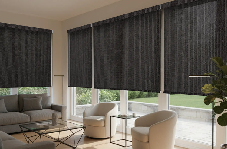 Sunroom with motorized solar roller shades softly filtering light