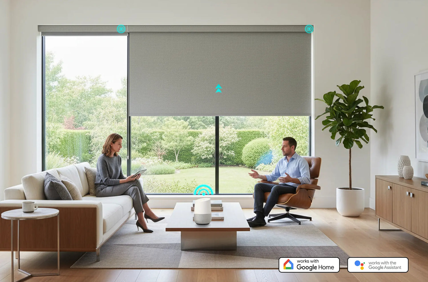 Google Home smart home ecosystem controlling motorized window shades and connected devices