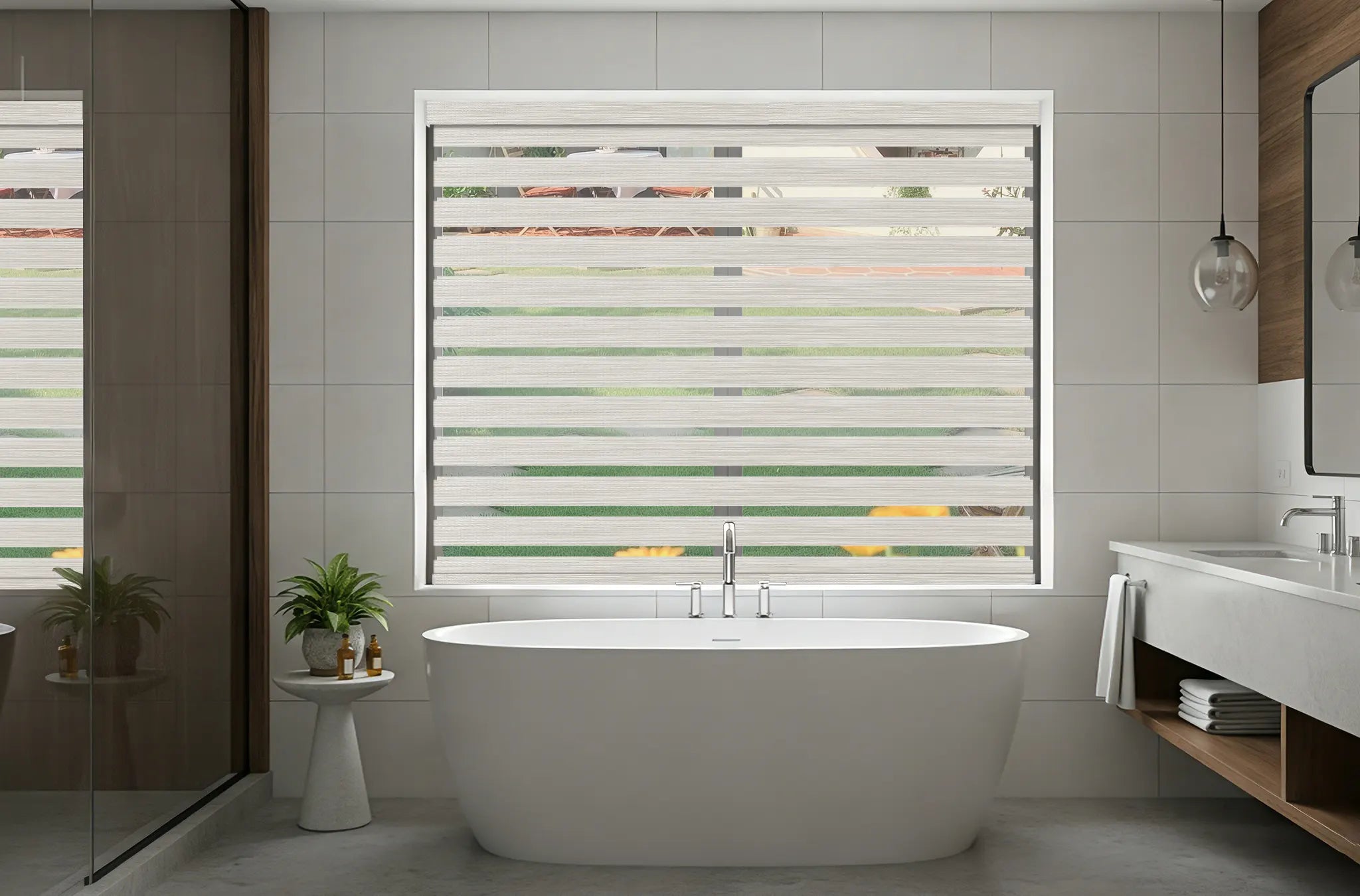 Moisture-friendly polyester zebra shades in modern bathroom