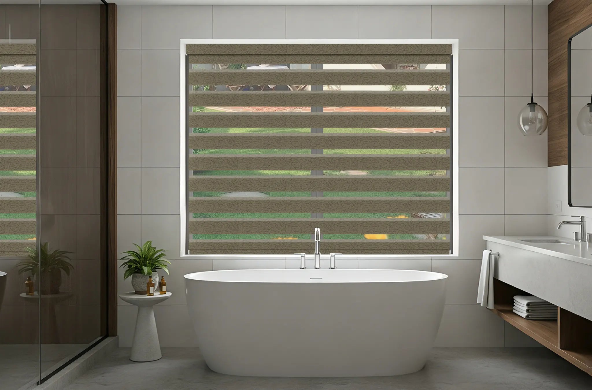 Moisture-friendly blackout zebra shades installed in bathroom window