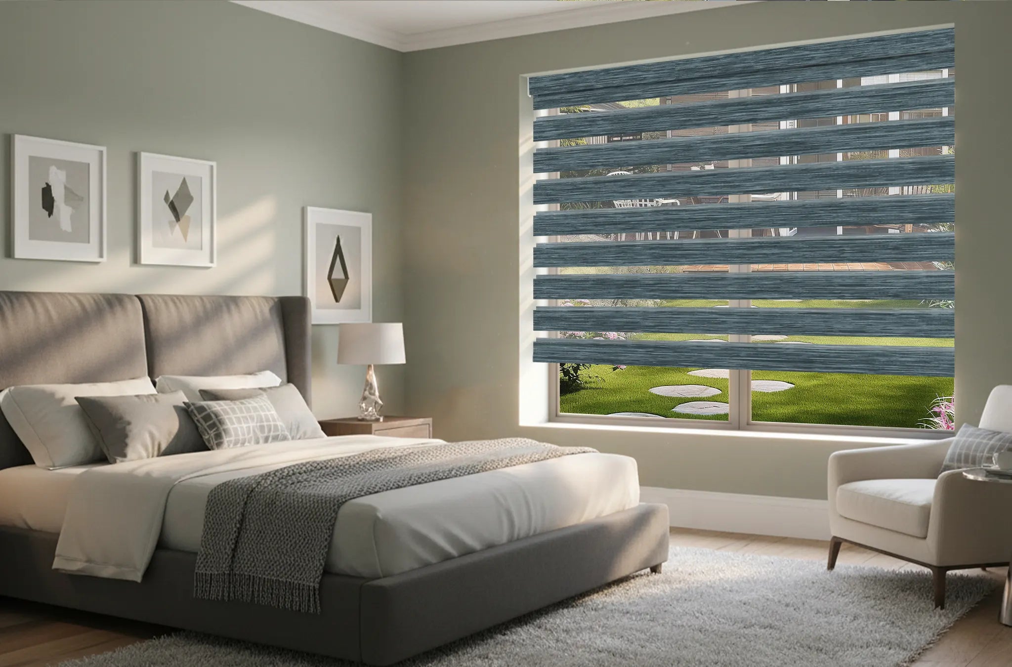 Motorized blackout zebra shades creating dark cozy sleep environment