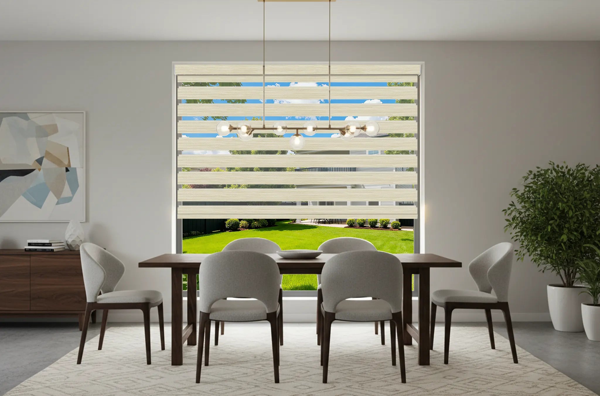 Dining room with custom textured zebra window shades