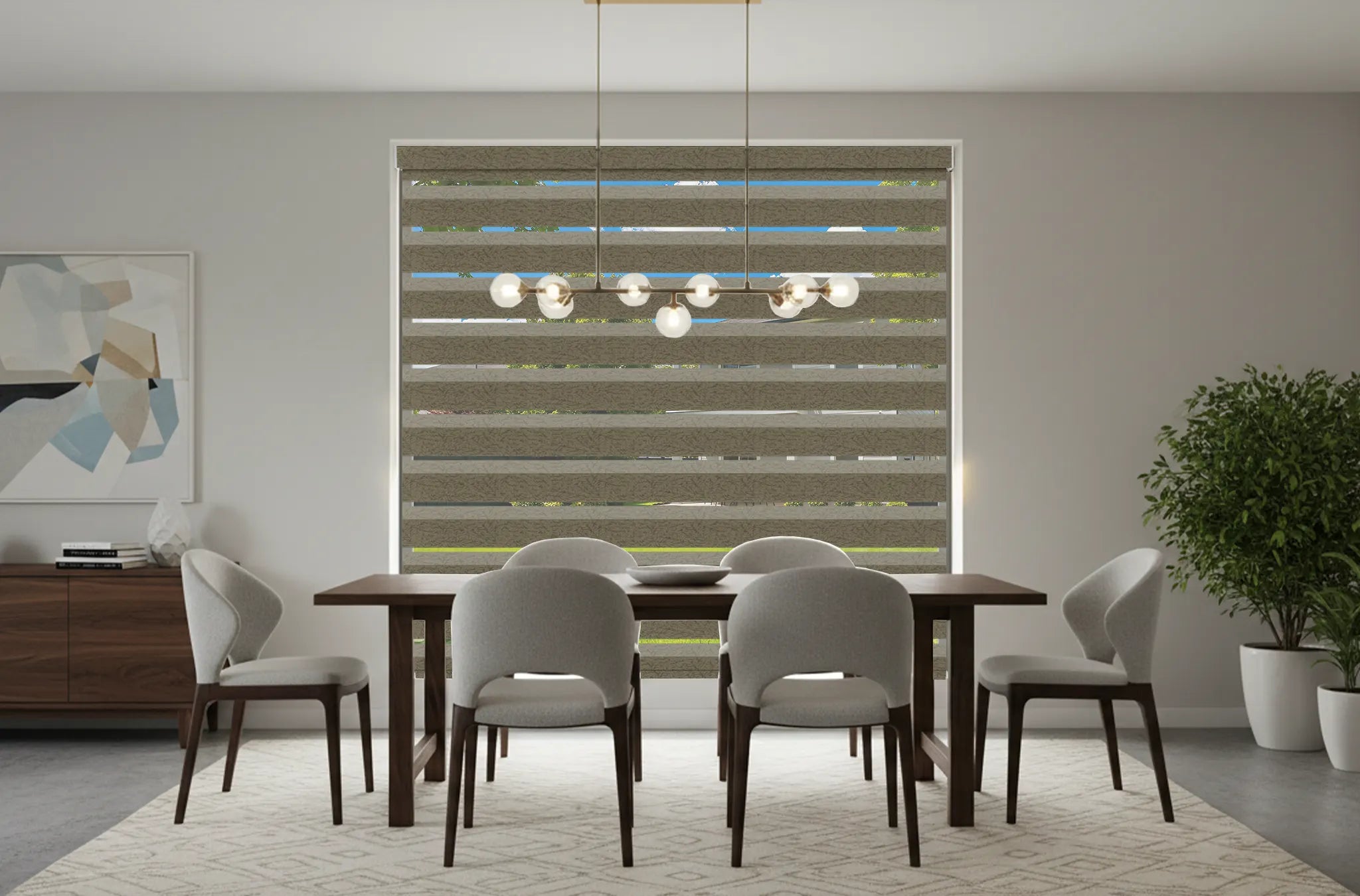 Elegant zebra shades in dining room providing soft filtered light
