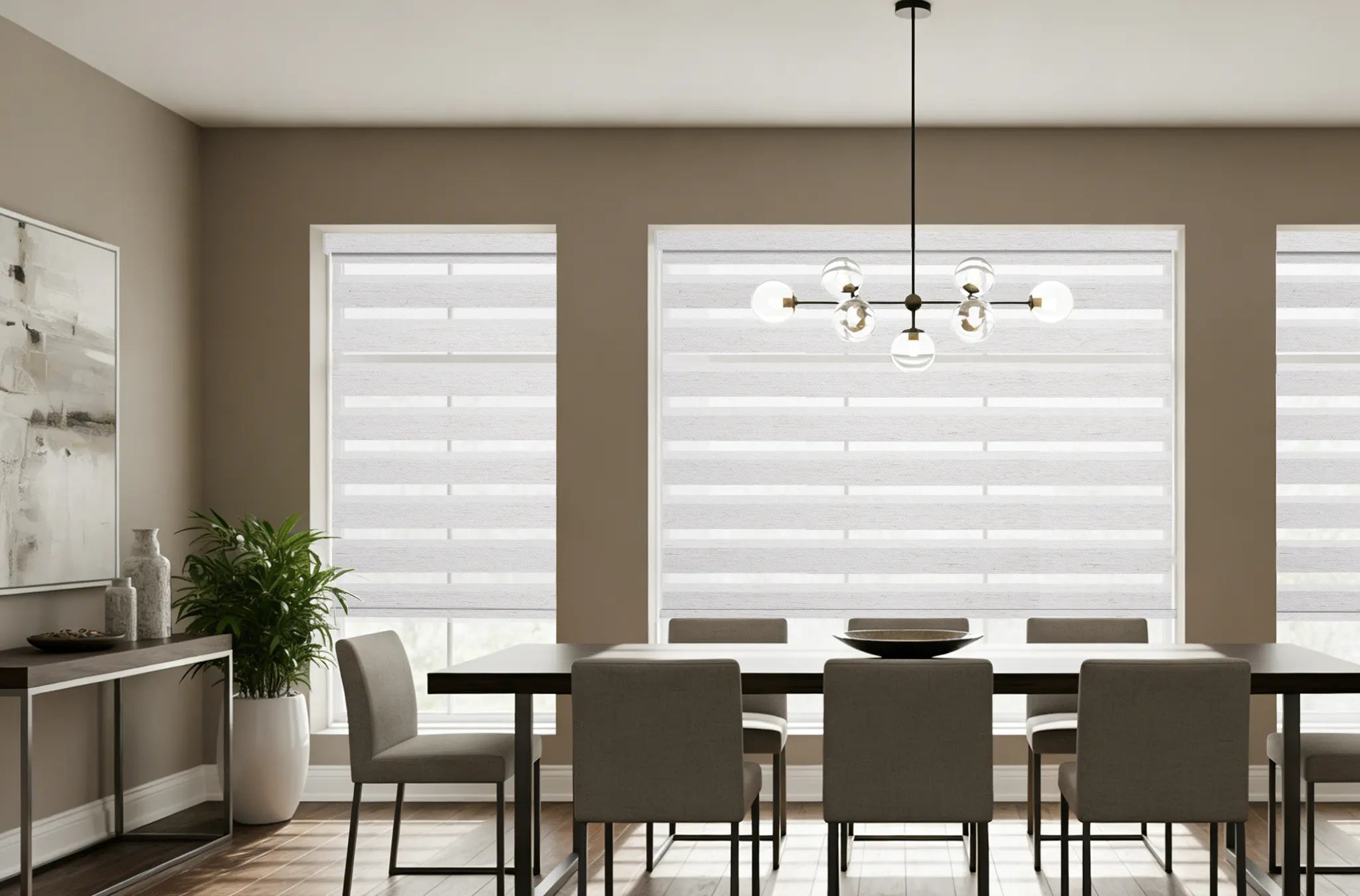 Linen zebra blinds in modern dining space