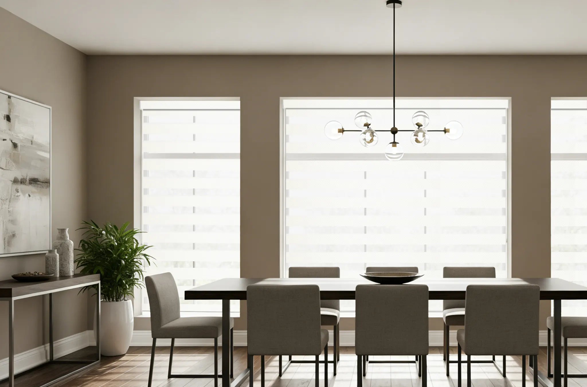 Dining room zebra shades adding soft daylight ambiance