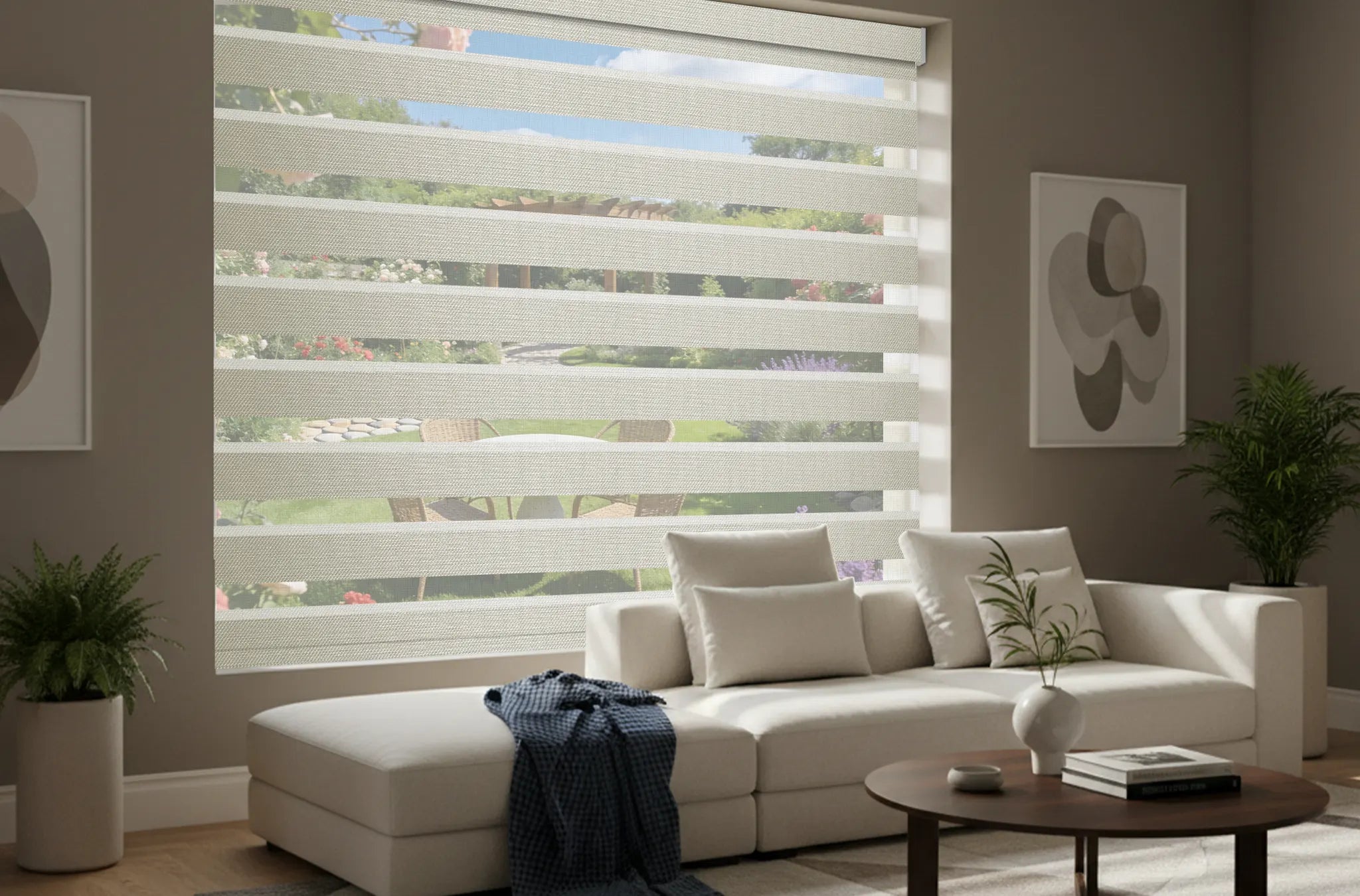 Modern home office with light filtering zebra shades