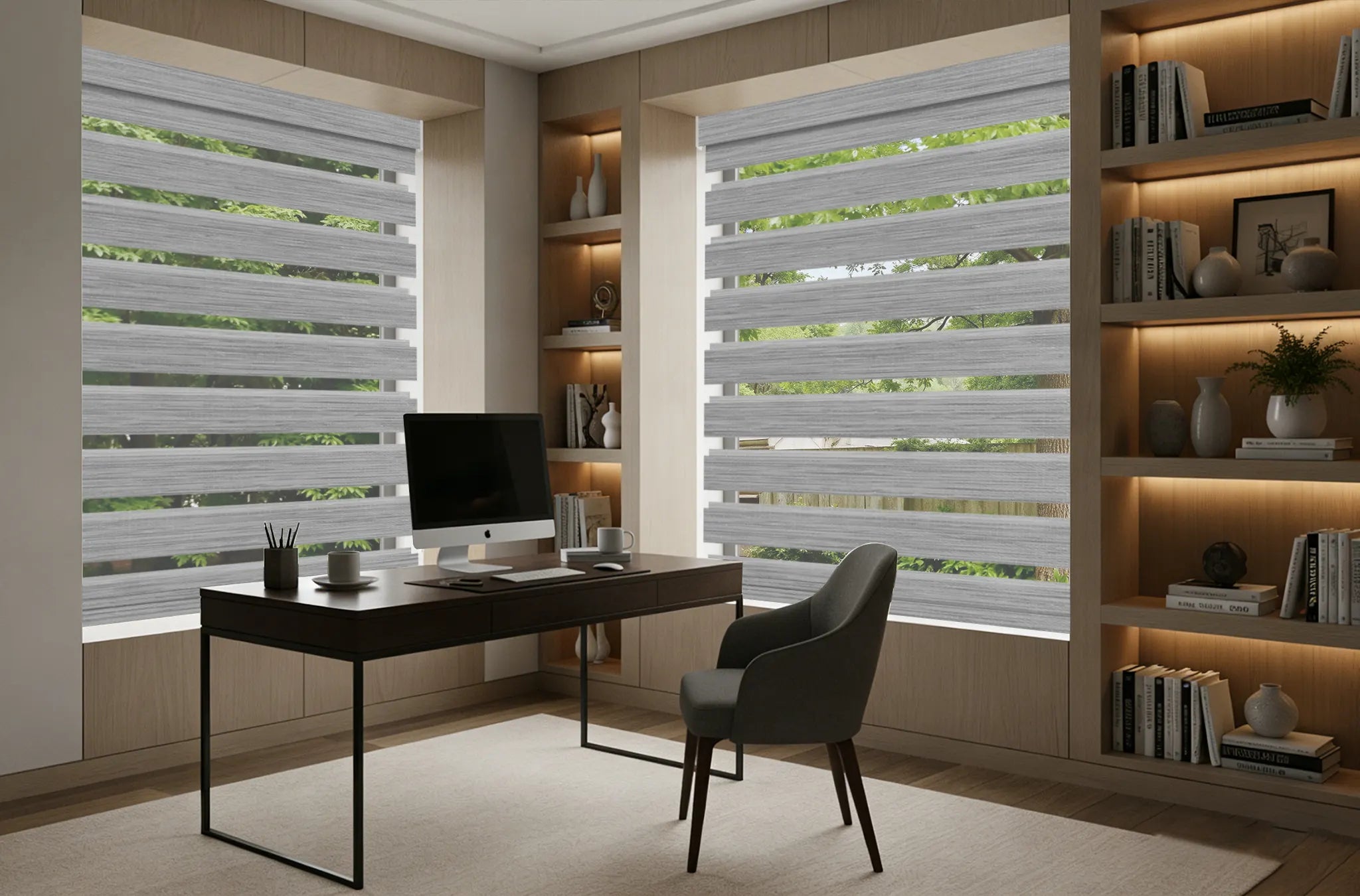 Window shades reducing glare in home office workspace