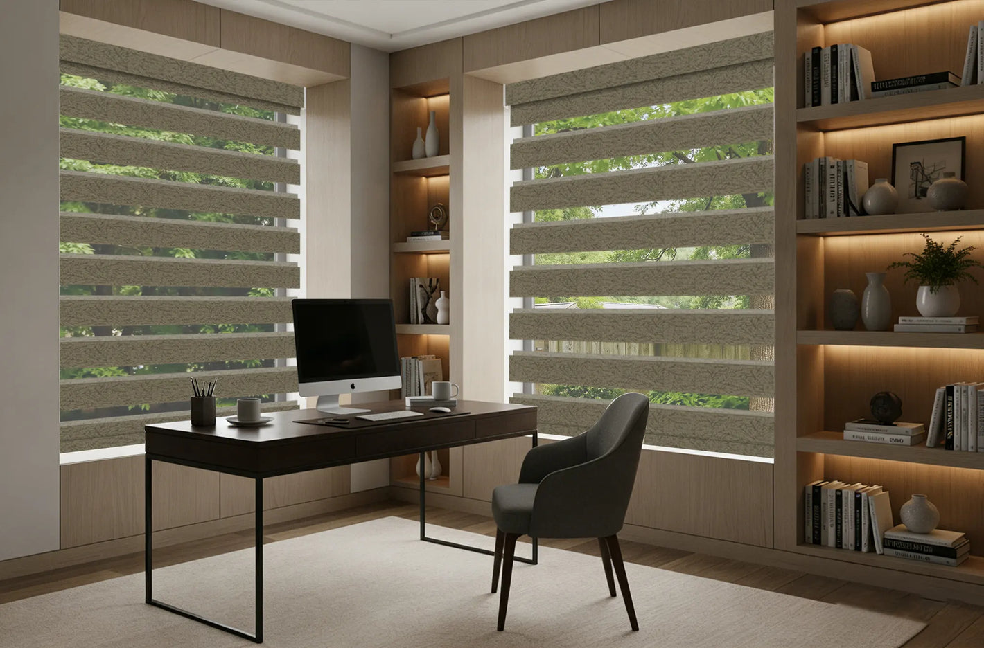 Room darkening zebra shades reducing screen glare in home office