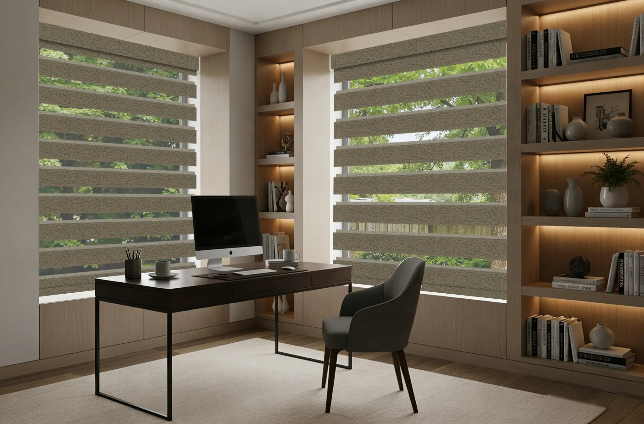 Room darkening zebra shades reducing screen glare in home office