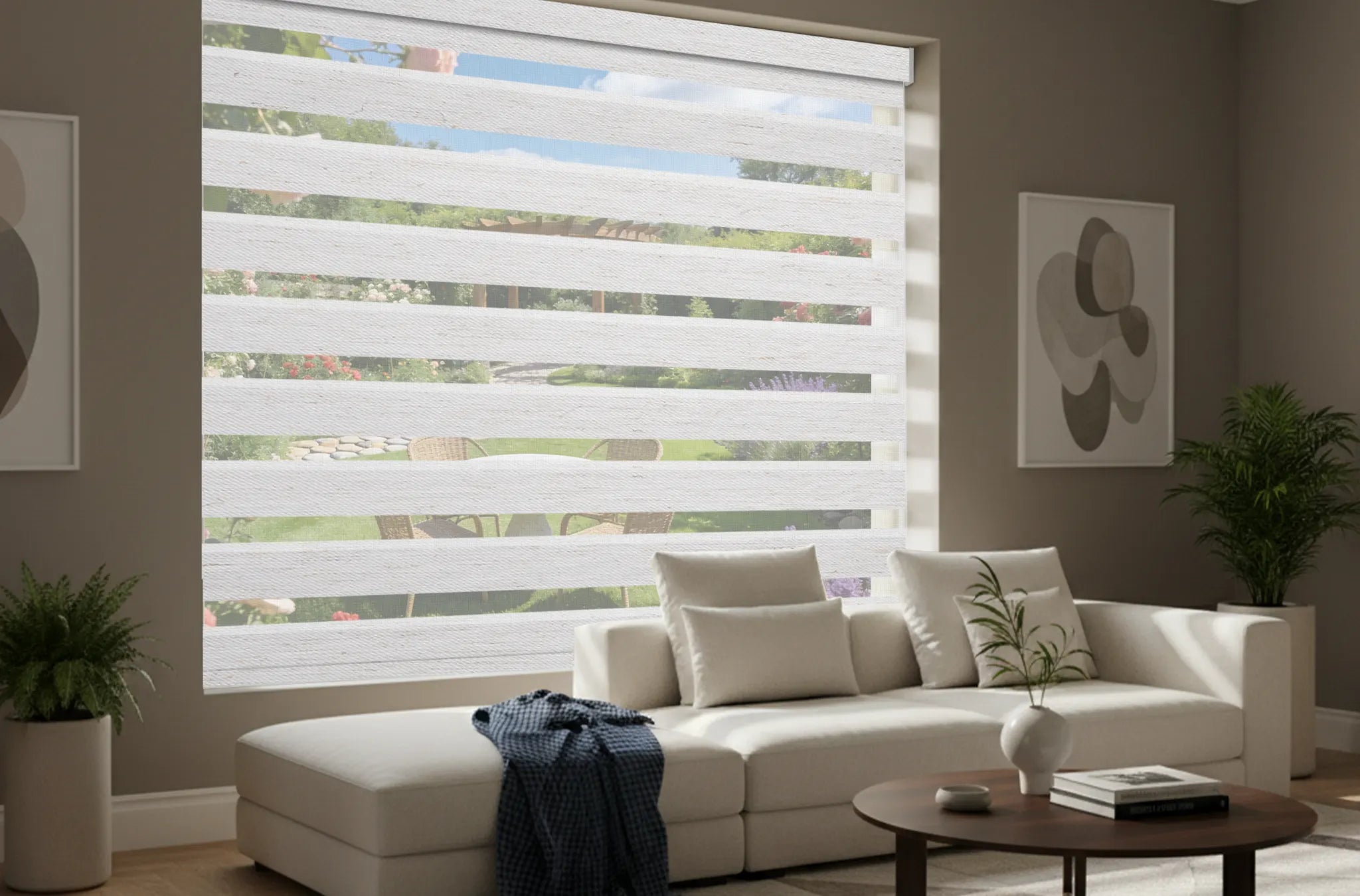 Motorized zebra shades installed in modern home office