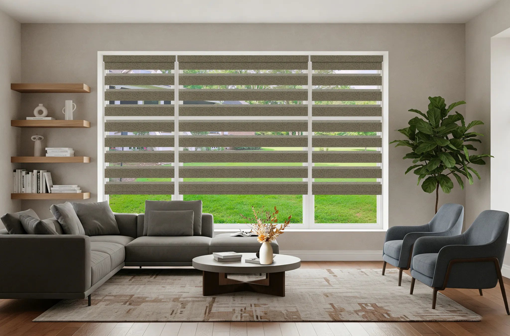 Motorized room darkening zebra shades installed in a modern living room