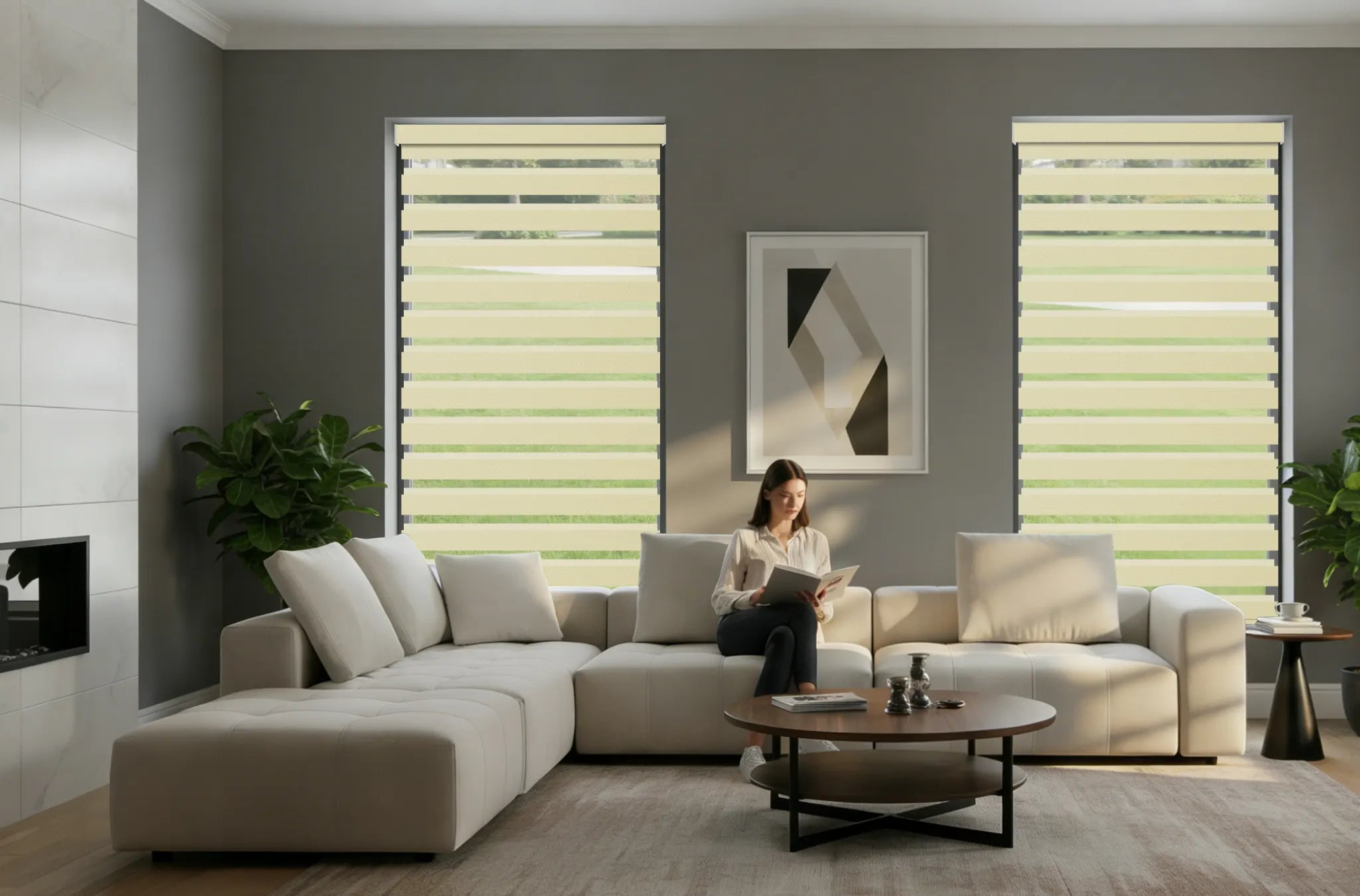 Living room view with 70% blackout zebra shades