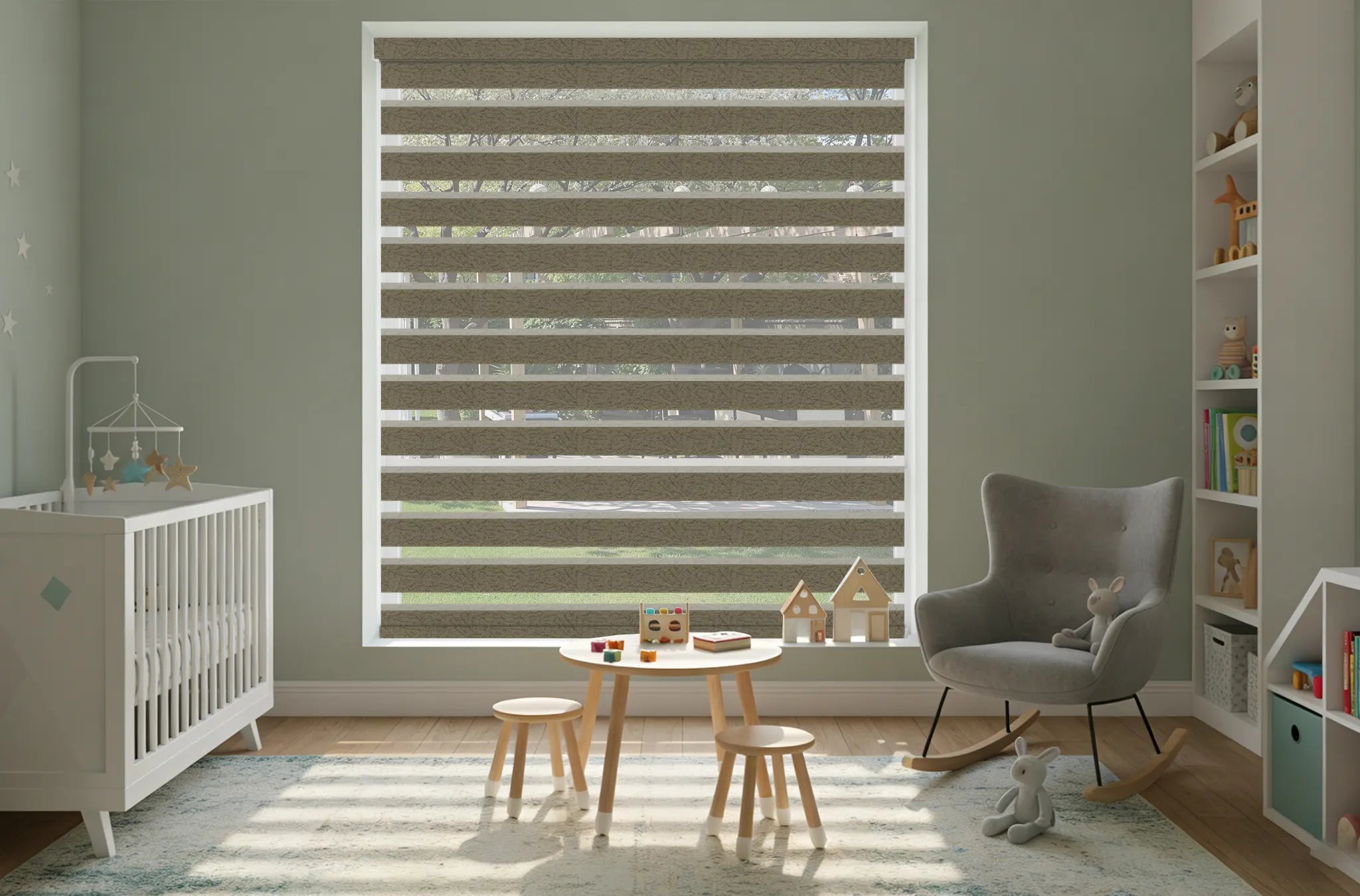 Cordless safe motorized zebra shades in a bright nursery