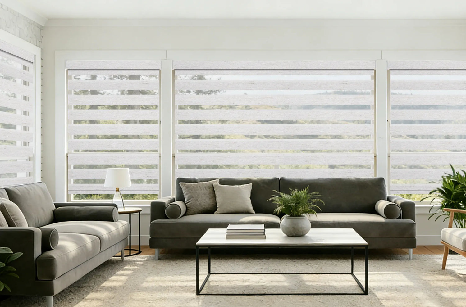 Light filtering zebra shades in bright sunroom