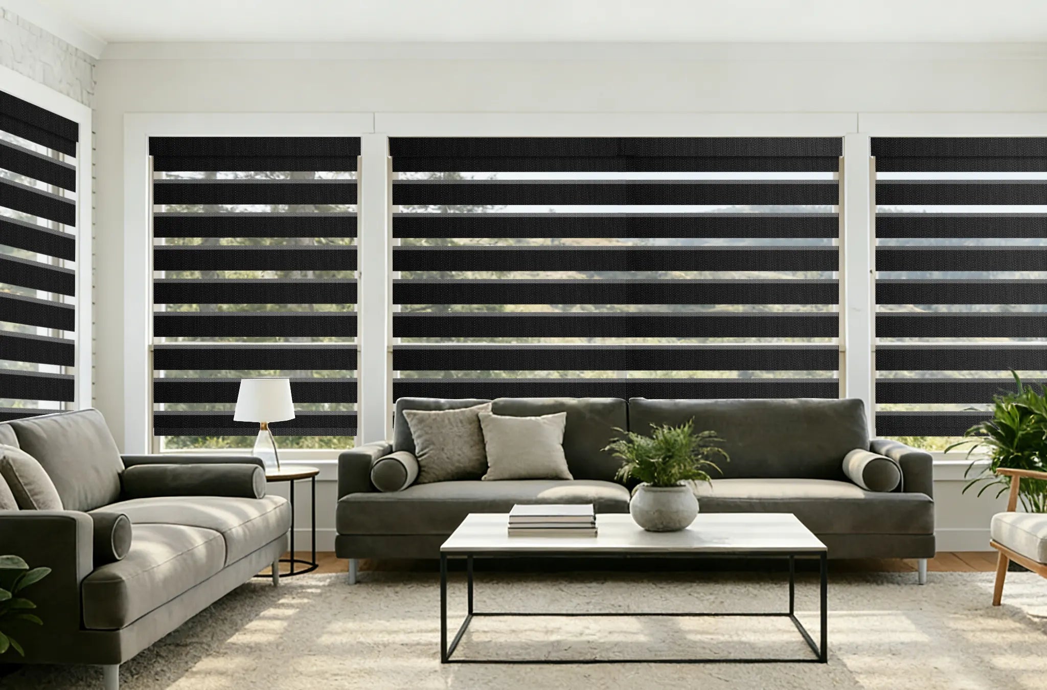 Bright sunroom with motorized zebra shades installed